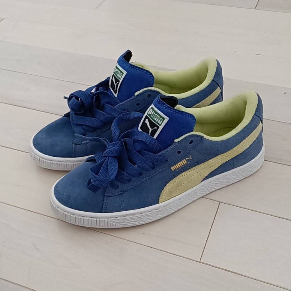 PUMA Junior Boys Suede Sneakers Shoes Monaco Blue/Sunny Lime/Gold Size 6 M